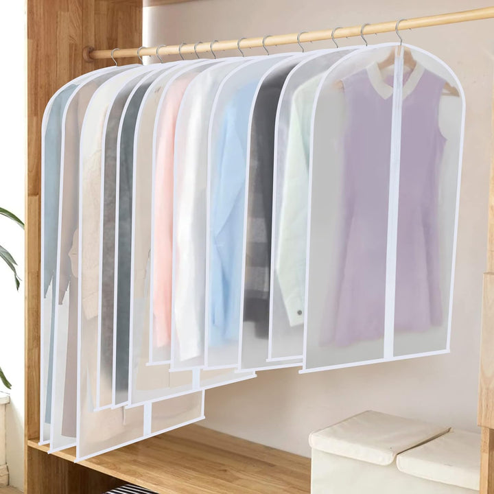 Transparent PEVA wardrobe organizer bags in 3 sizes. Keeps clothes fresh & dust-free.