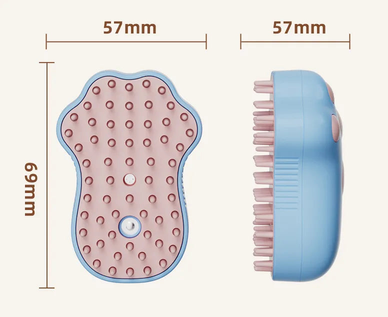Massaging electric deshedding brush for cats, with built-in shampoo dispenser.