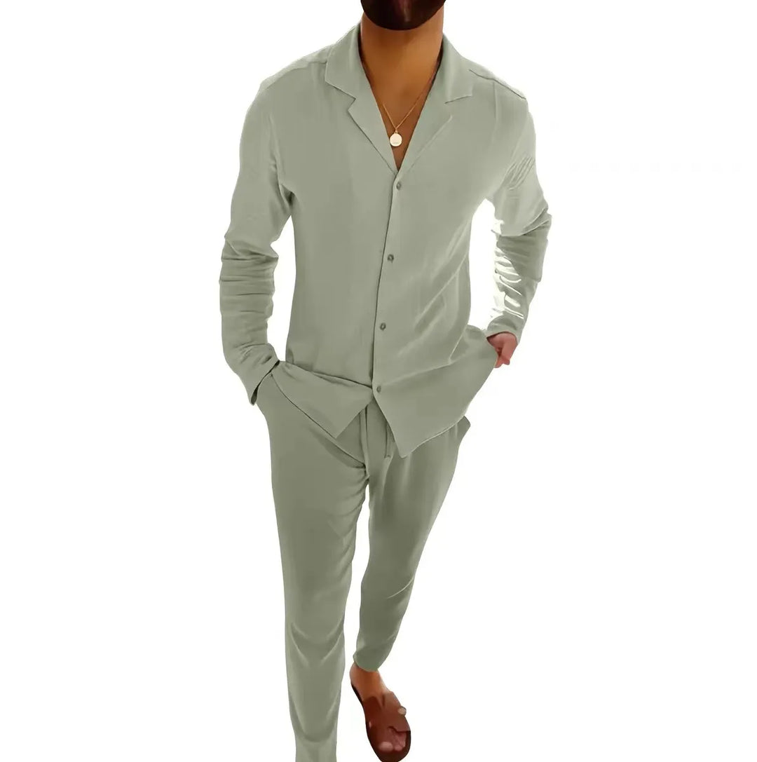 Versatile men's two-piece set: Long sleeve shirt and fitted trousers for a chic casual summer style.