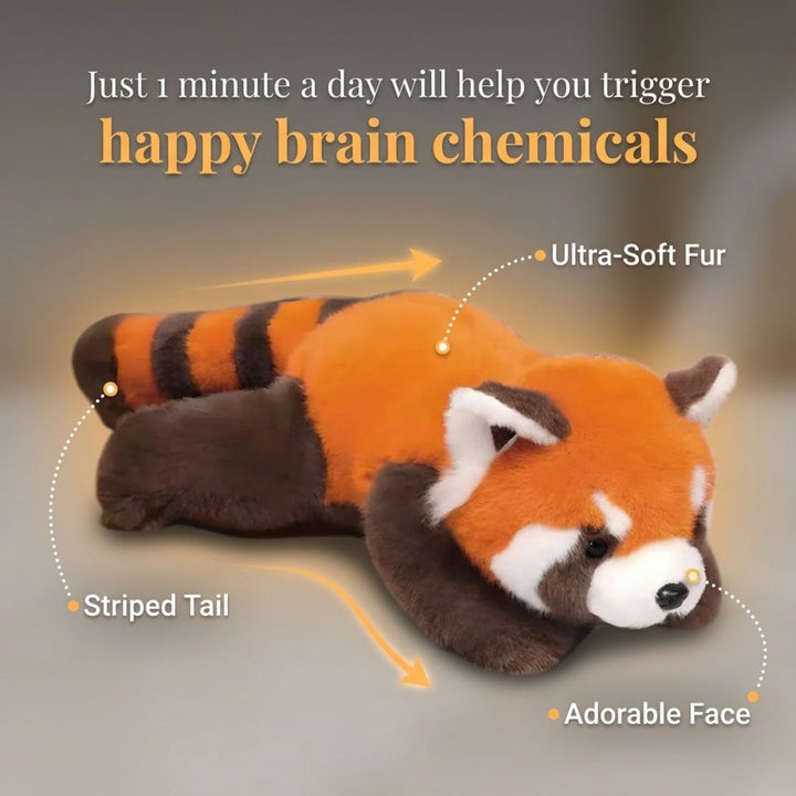 Comforting red panda long plush, perfect for reading & relaxation.