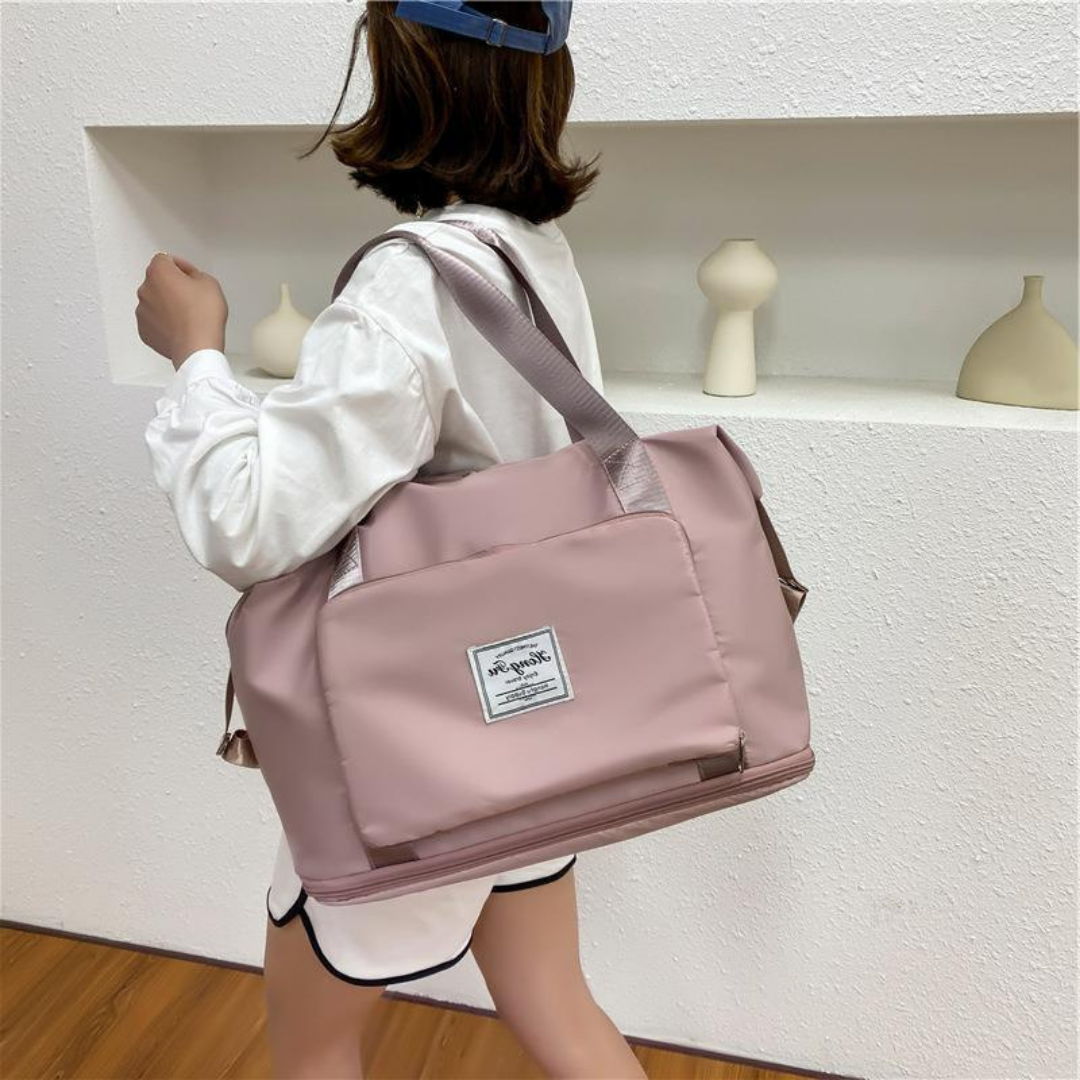 Stylish women's folding tote bag, compact design, ideal for travel & everyday portability.