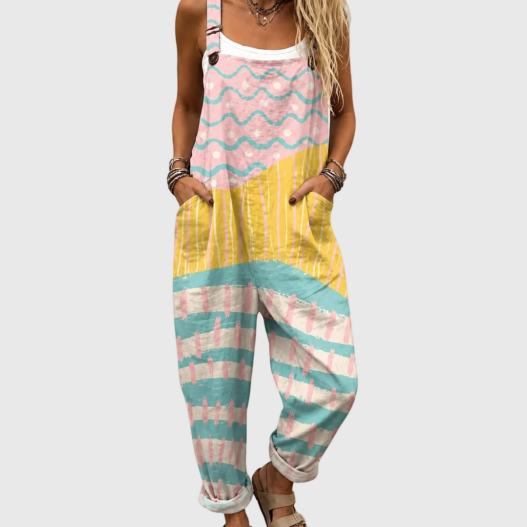 Women's soft pastel multicolor relaxed fit jumpsuit. Comfortable summer casual/vacation outfit with adjustable straps & pockets.