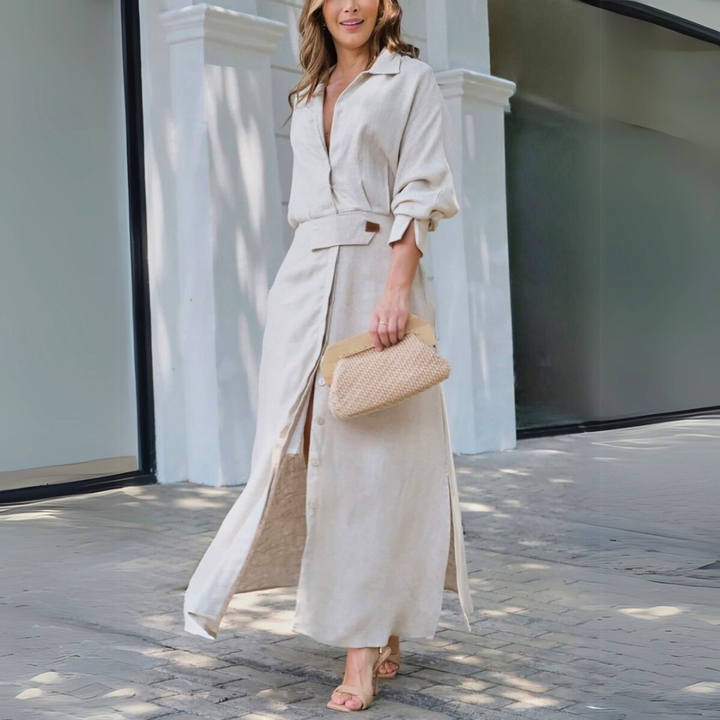 Elegant women's flowing maxi dress with V-neck for summer comfort & chic style. Perfect for casual or occasion wear.