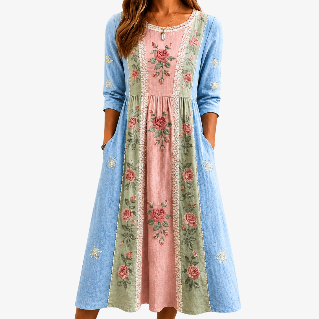 Women's Rosalie Vintage Rose Garden patchwork midi dress with floral print & pockets, perfect for summer garden parties.