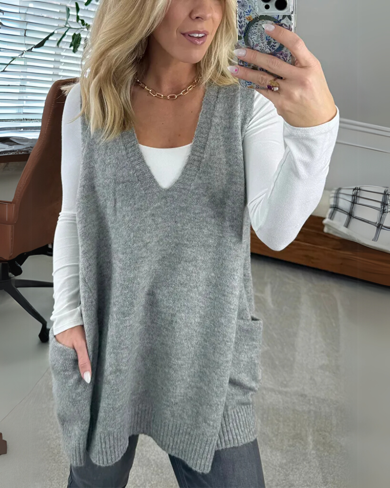 Elegant women's warm layering vest, a chic and cozy outerwear piece for chilly fall & winter days.