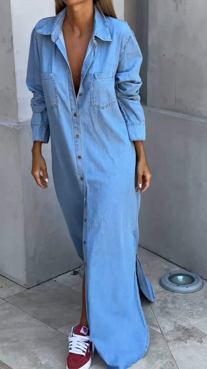 Stylish women's long sleeve shirt dress featuring a classic lapel design. Versatile everyday autumn wear.