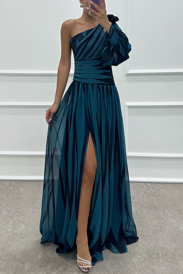 Fashionable women's one-shoulder formal dress with pleated details and a sophisticated leg slit.