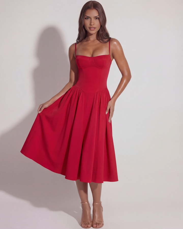 Romantic women's midi dress for date night, elegant summer sleeveless style, sweetheart neckline.