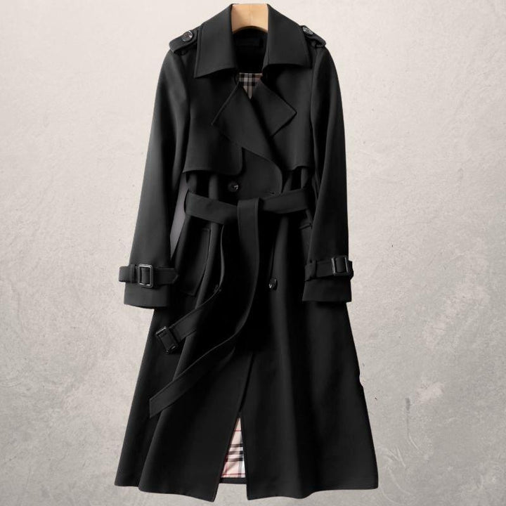 Versatile women's belted trench coat, double-breasted design. Perfect for fall fashion & outerwear.