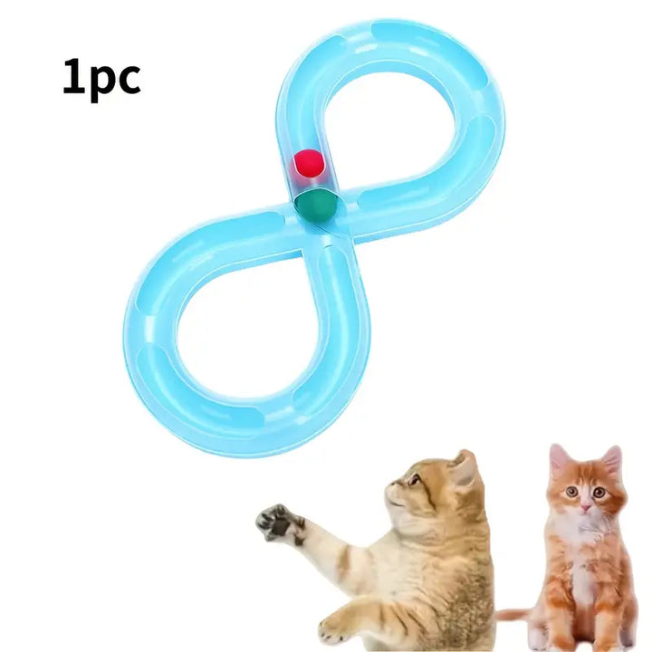 Modern white & blue cat ball track toy providing interactive play and mental stimulation for cats.