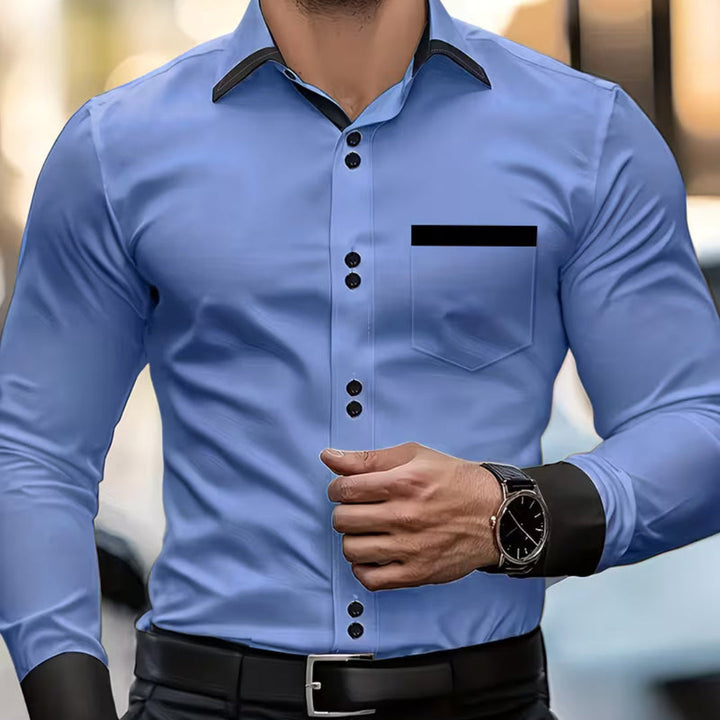 Man wearing a classic fit button shirt, elegant collared style, perfect for sophisticated office or casual attire.