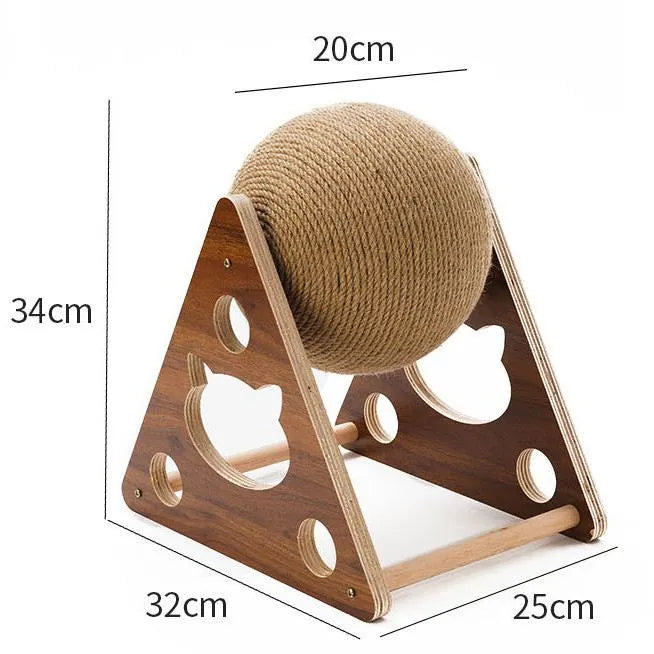 Premium cat scratching ball, 360-degree rotating sisal toy on a durable wood stand for active cats.
