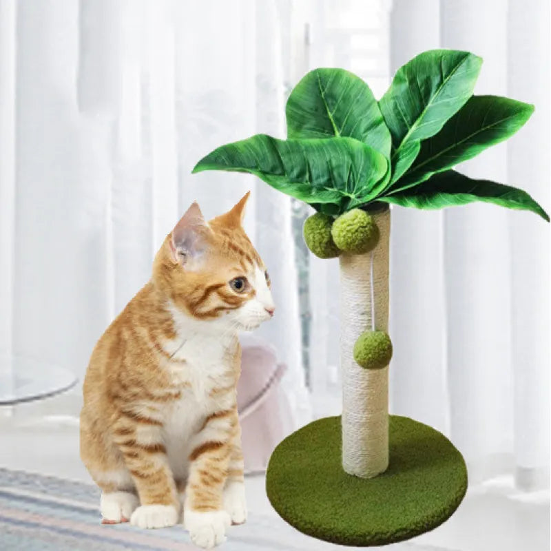 Tropical palm tree cat scratching post with durable sisal rope & dangling play balls; protects furniture from feline claws.