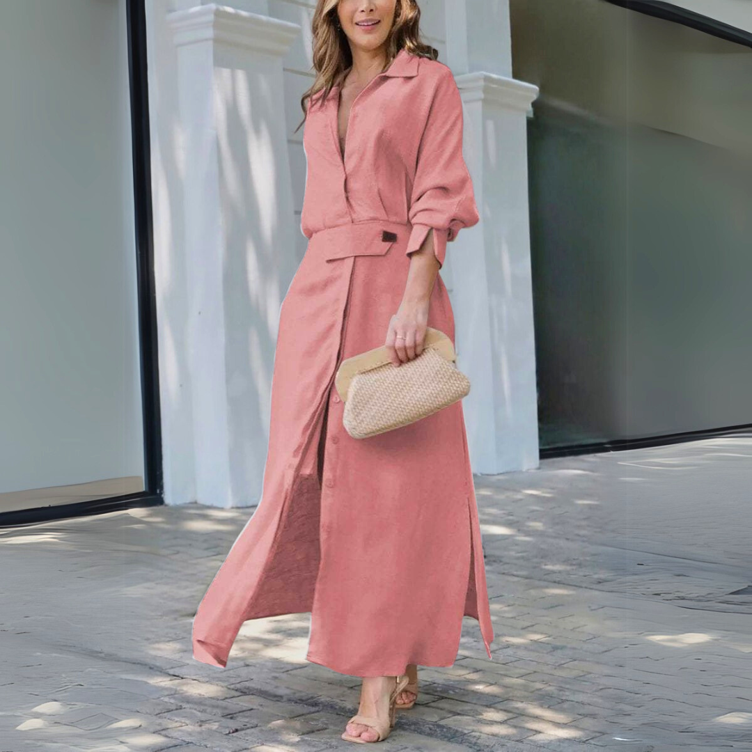 Comfortable women's versatile maxi dress with a flowing silhouette, V-neck, ideal for elegant summer fashion.