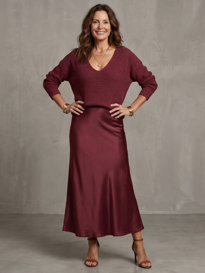 Women's elegant two-piece skirt & sweater for a sophisticated look. Comfortable, versatile fall fashion.