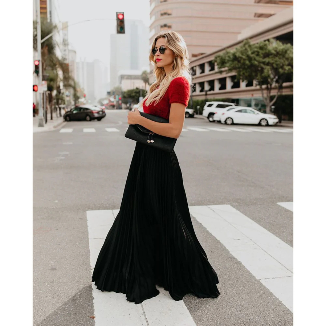 Fashionable elegant women's high-waist pleated midi skirt, versatile for all seasons.