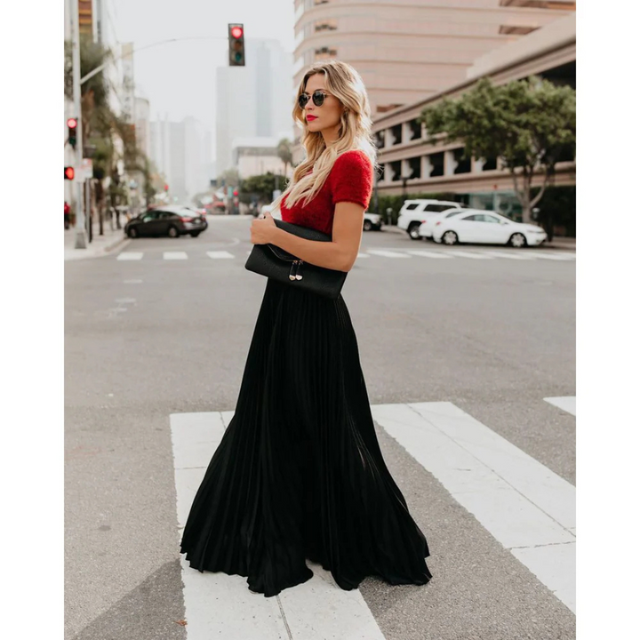 Fashionable elegant women's high-waist pleated midi skirt, versatile for all seasons.