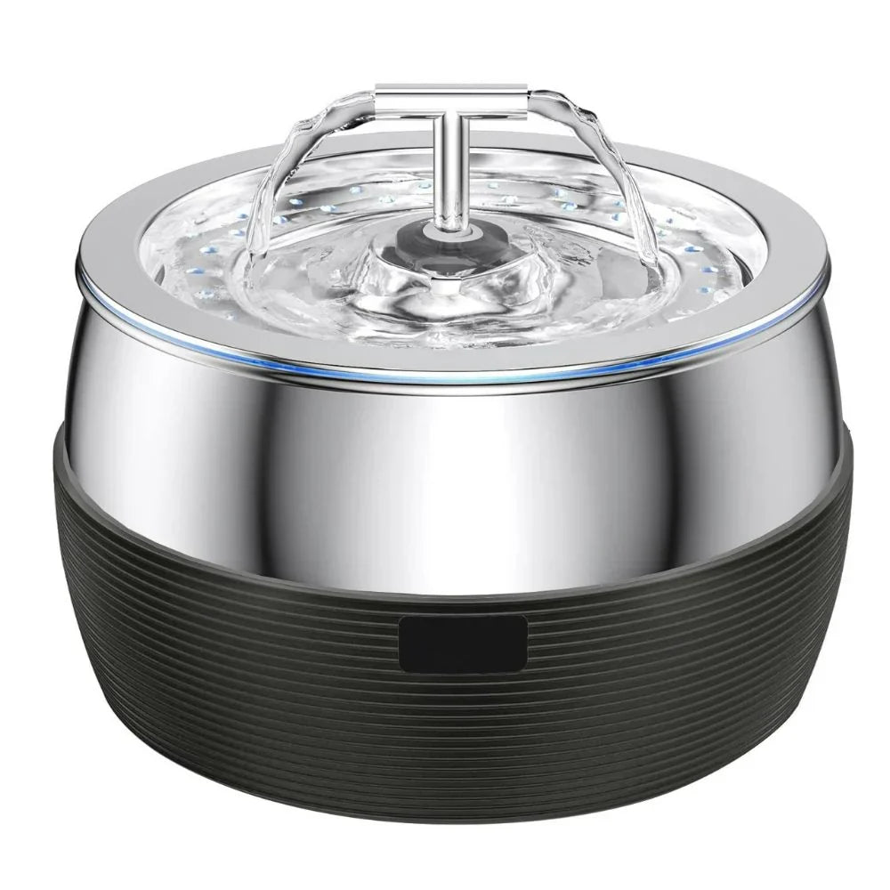 Sleek stainless steel pet fountain for dogs & cats, 3-quart quiet automatic waterer for pets.
