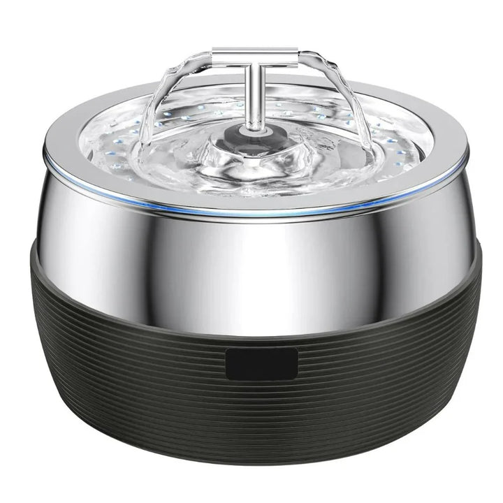 Sleek stainless steel pet fountain for dogs & cats, 3-quart quiet automatic waterer for pets.