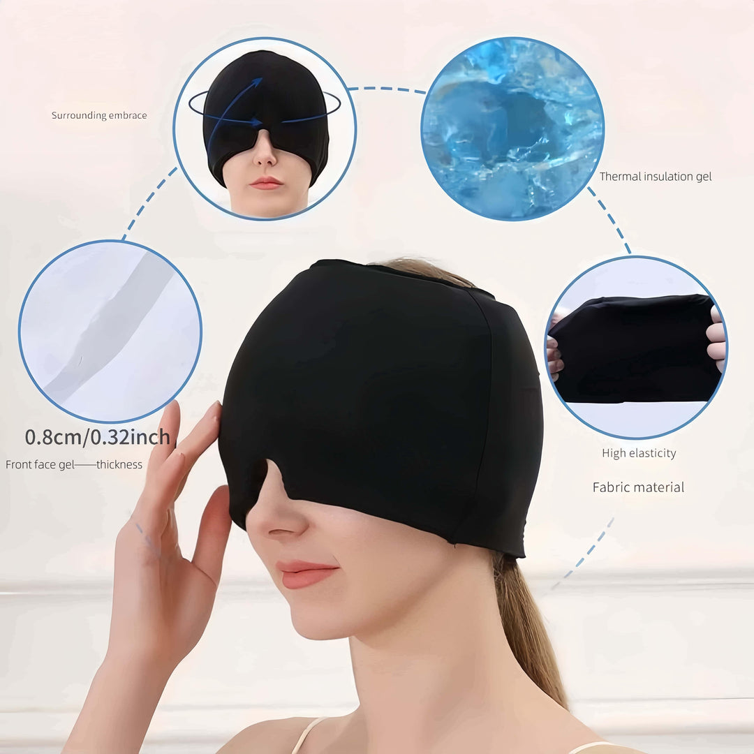 Person wearing a unisex cooling gel migraine relief hat, experiencing soothing headache therapy.
