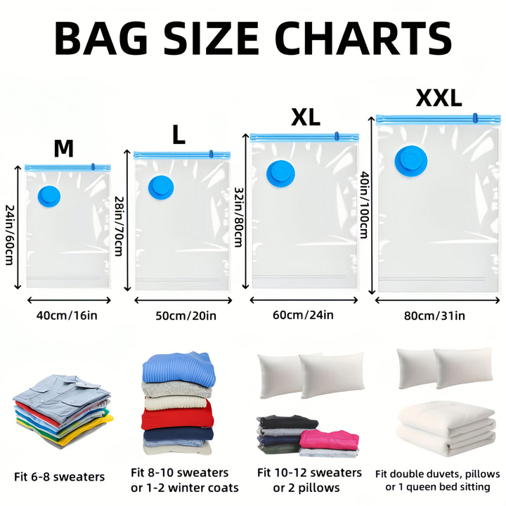 Space-saving solution: extra large reusable vacuum bags for bedding, clothes, dorm.