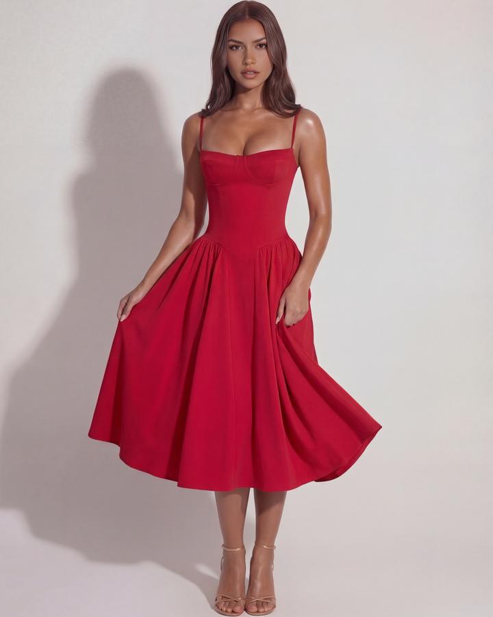 Flowy elegant summer midi dress for women, sleeveless and flattering with a sweetheart neckline.