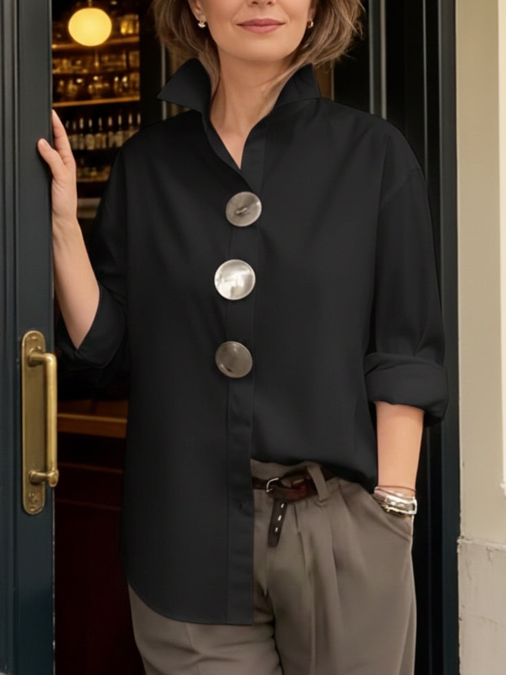 Blue relaxed fit blouse for women, featuring a stylish big button collar & long sleeves.