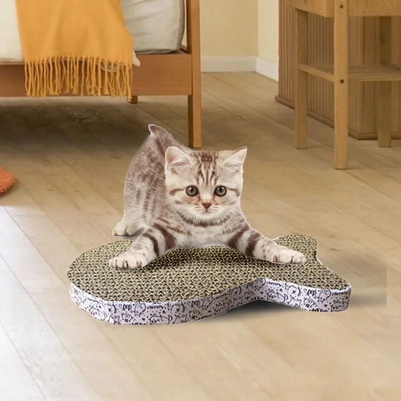 Fun shaped corrugated cardboard scratching mat for cats, a durable pet toy protecting furniture.