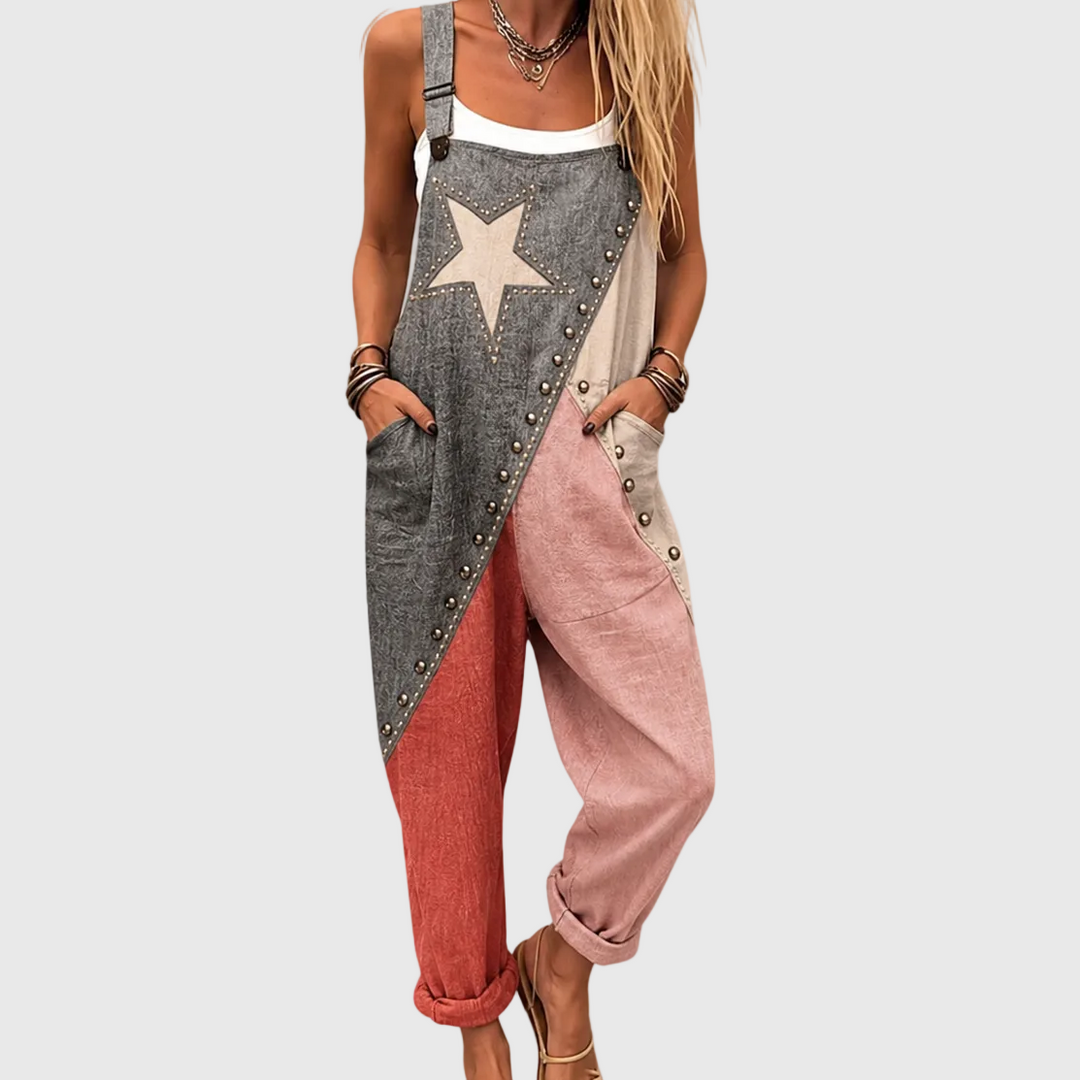 Women's vintage patchwork jumpsuit overalls with loose fit, star detail, and casual style for spring/summer.
