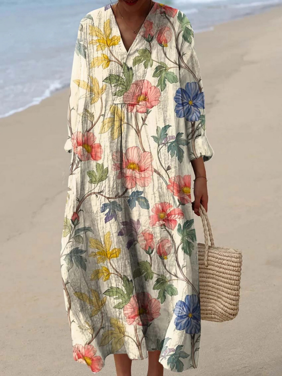 Elegant women's vintage floral print long sleeve dress for spring. Versatile flowy style, perfect for casual or everyday wear.