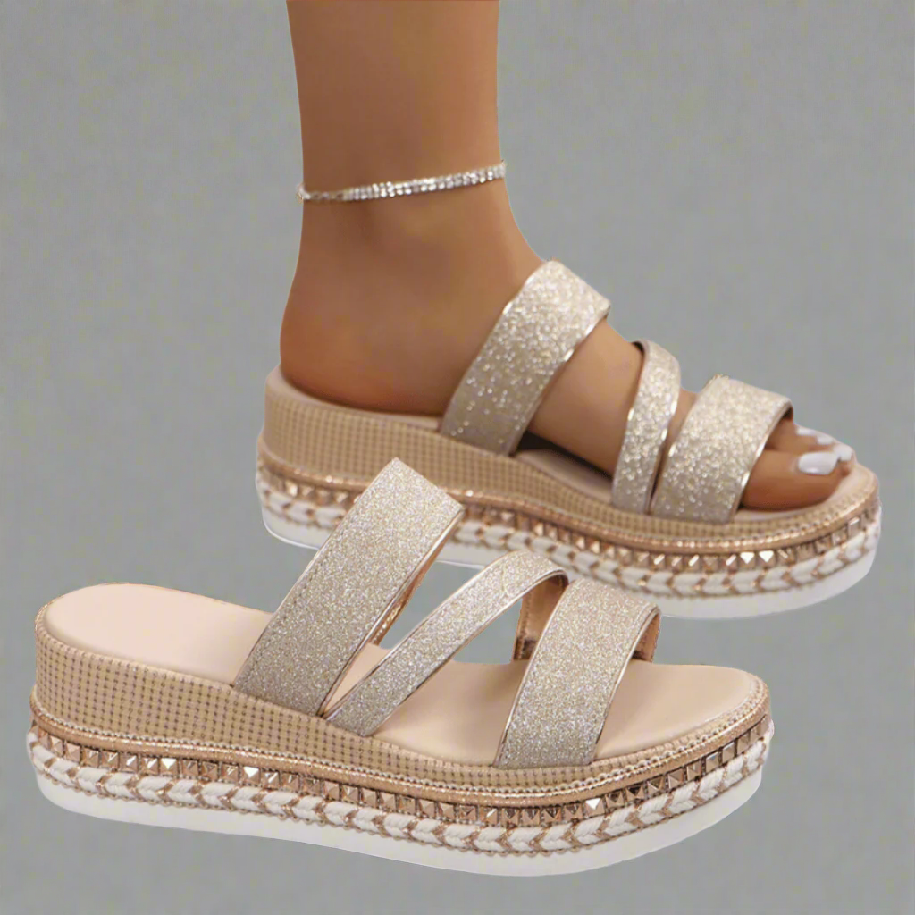 Women's comfortable gold peep toe wedge sandals with adjustable buckles, perfect for summer casual wear.