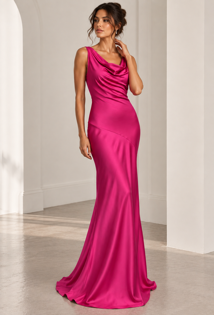 Elegant fuchsia cowl neck maxi dress for women, perfect for wedding guests, parties, or formal evening events.