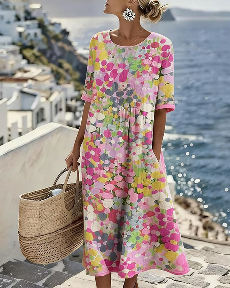Women's airy floral print A-line midi dress, perfect for summer fashion & casual chic.