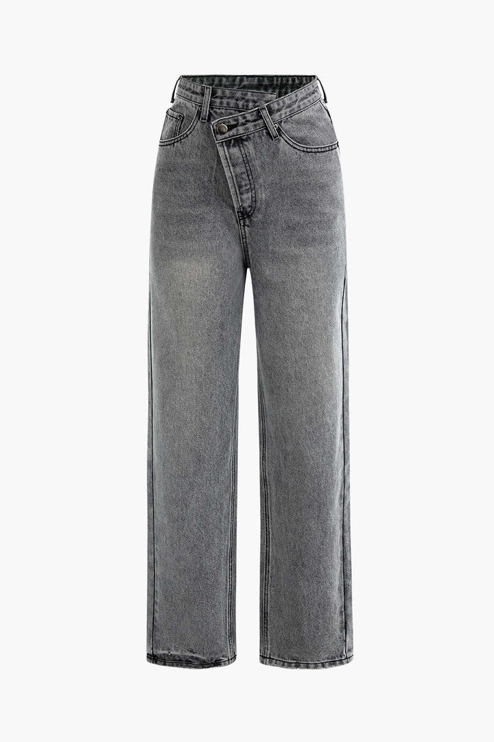 Unique women's light wash straight-leg jeans featuring a high-waisted asymmetric cut. Perfect for casual wear.