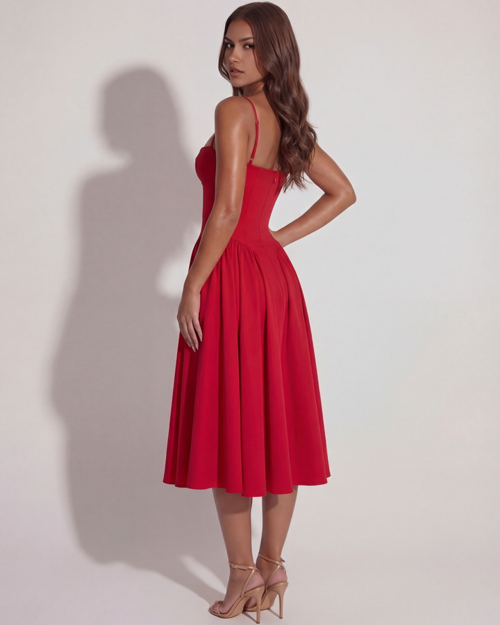 A-line elegant women's summer midi dress, flattering sweetheart neckline & sleeveless design.