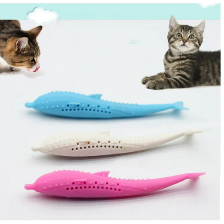 Unisex blue silicone whale chew toy for cats & small dogs. Promotes dental health, interactive, & fun pet toy.