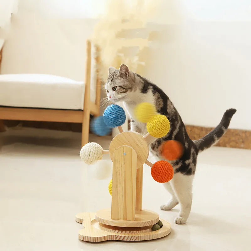 Unique Ferris Wheel design cat toy, a multi-functional pet accessory with scratching board for endless feline entertainment.