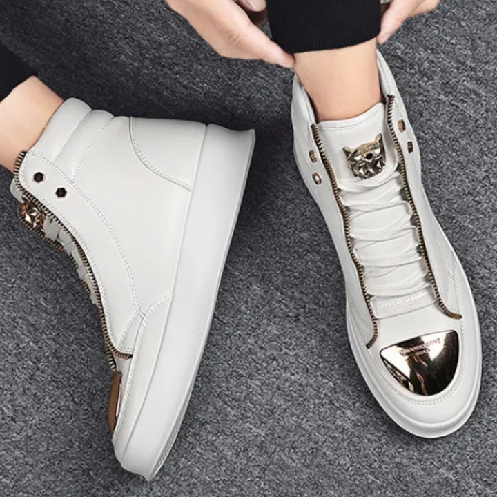 Men's high top metallic toe sneakers, combining urban footwear and bold streetwear fashion.