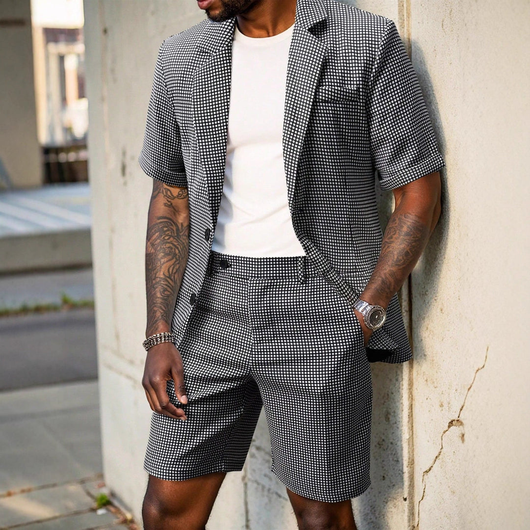 Men's smart casual check pattern outfit set: short sleeve blazer and matching shorts for a modern look.