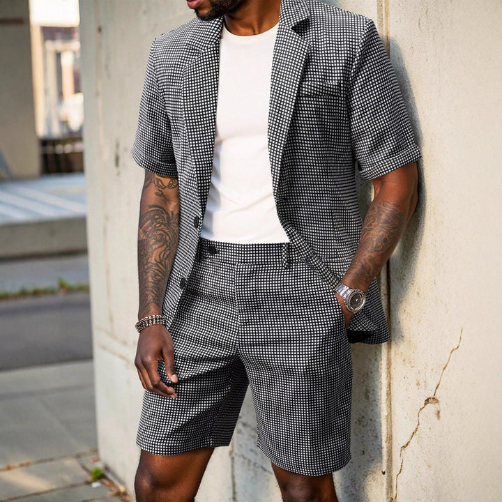 Men's smart casual check pattern outfit set: short sleeve blazer and matching shorts for a modern look.