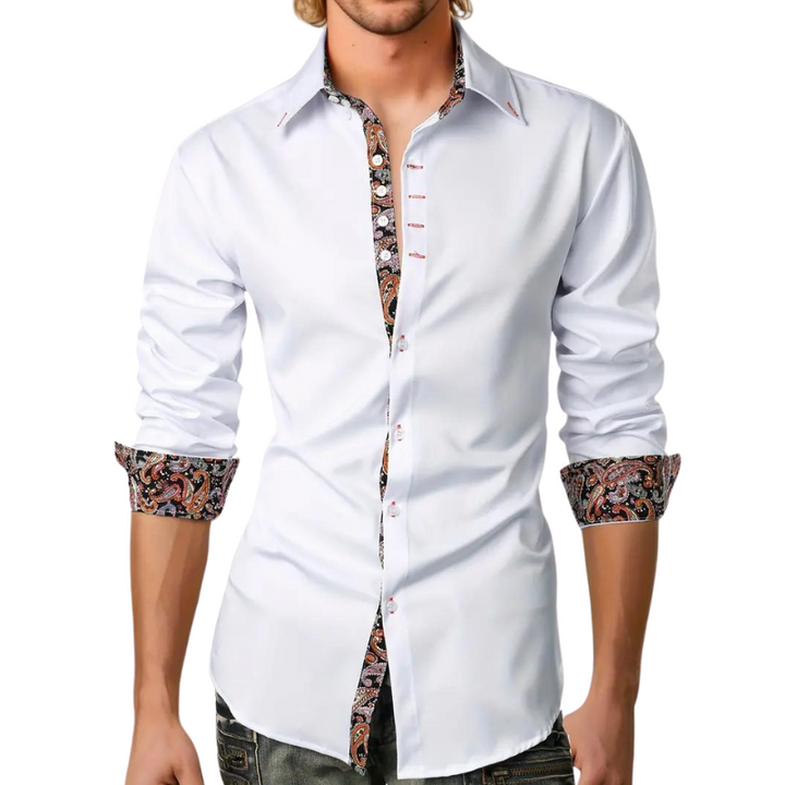 Stylish men's tailored long-sleeve shirt featuring a unique printed trim, perfect for versatile fashion.