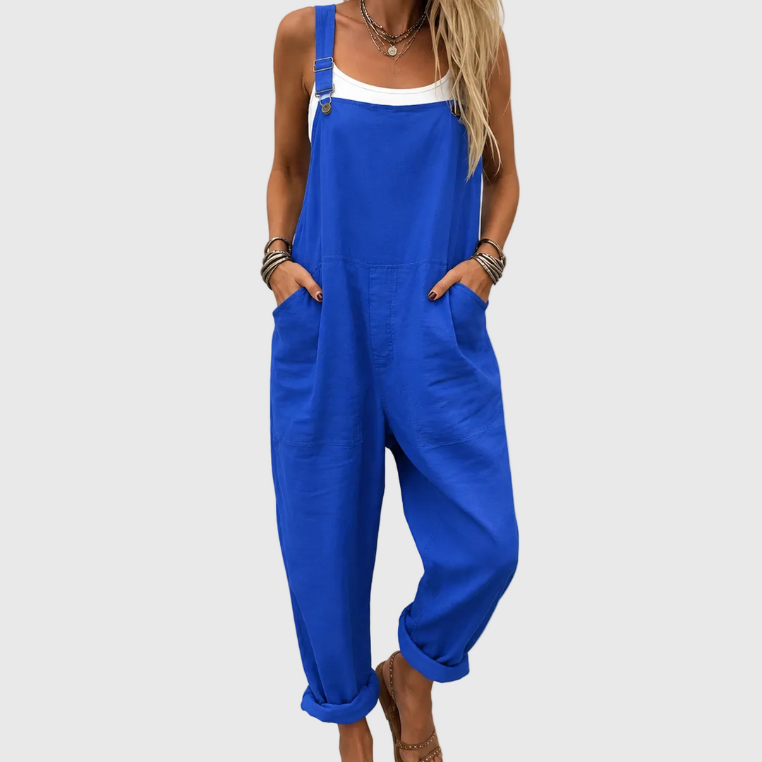 Women's effortless soft blue casual jumpsuit, perfect for comfortable everyday wear and relaxed summer style.