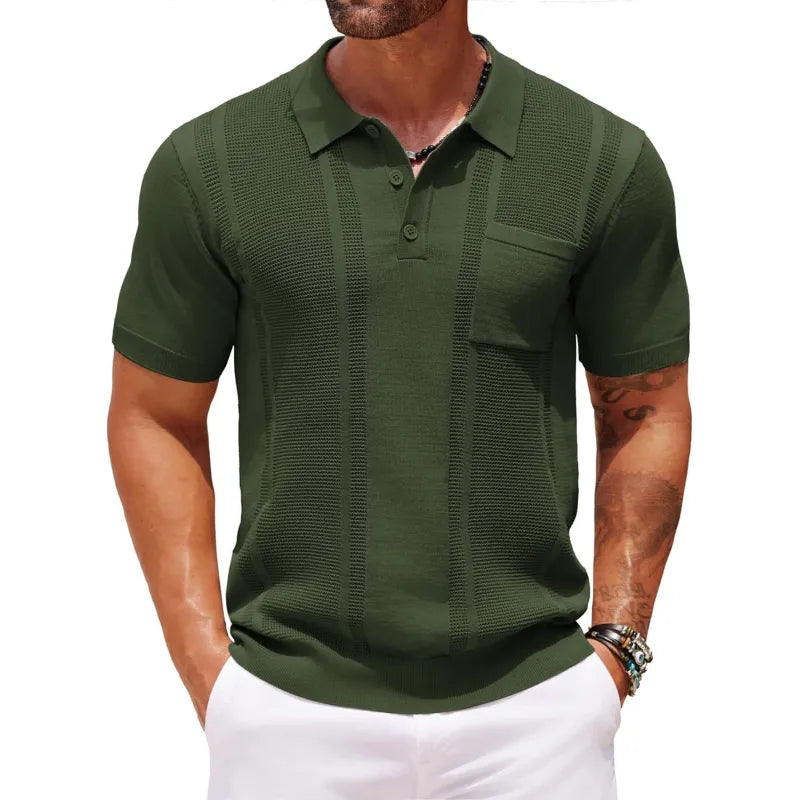 Close-up of the textured fine knit fabric on a men's short sleeve polo shirt, highlighting quality and detail.
