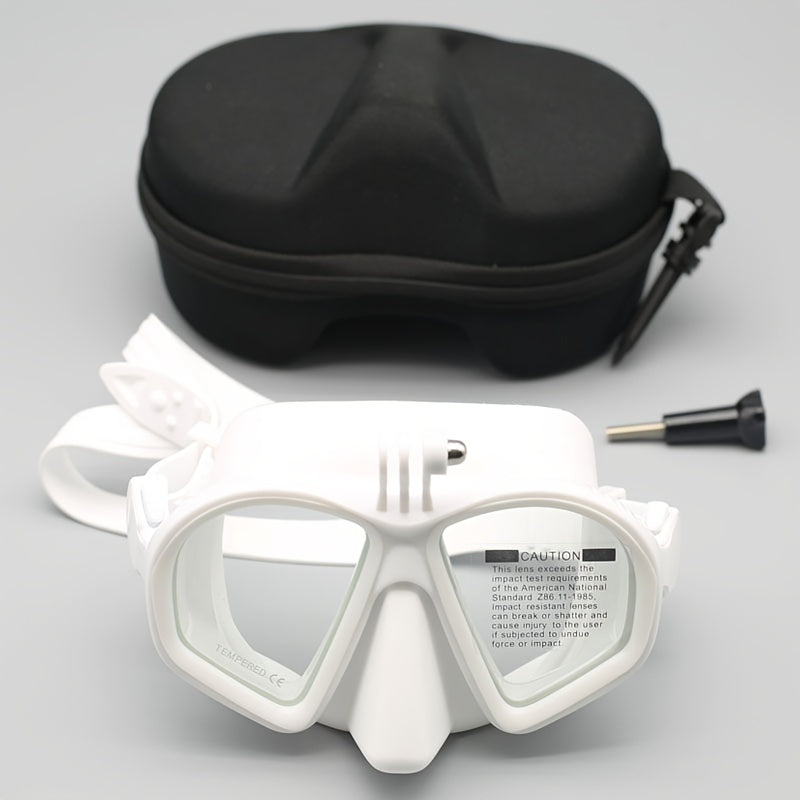 Secure fit unisex dive mask with anti-fog tempered glass & camera mount, for active watersports.