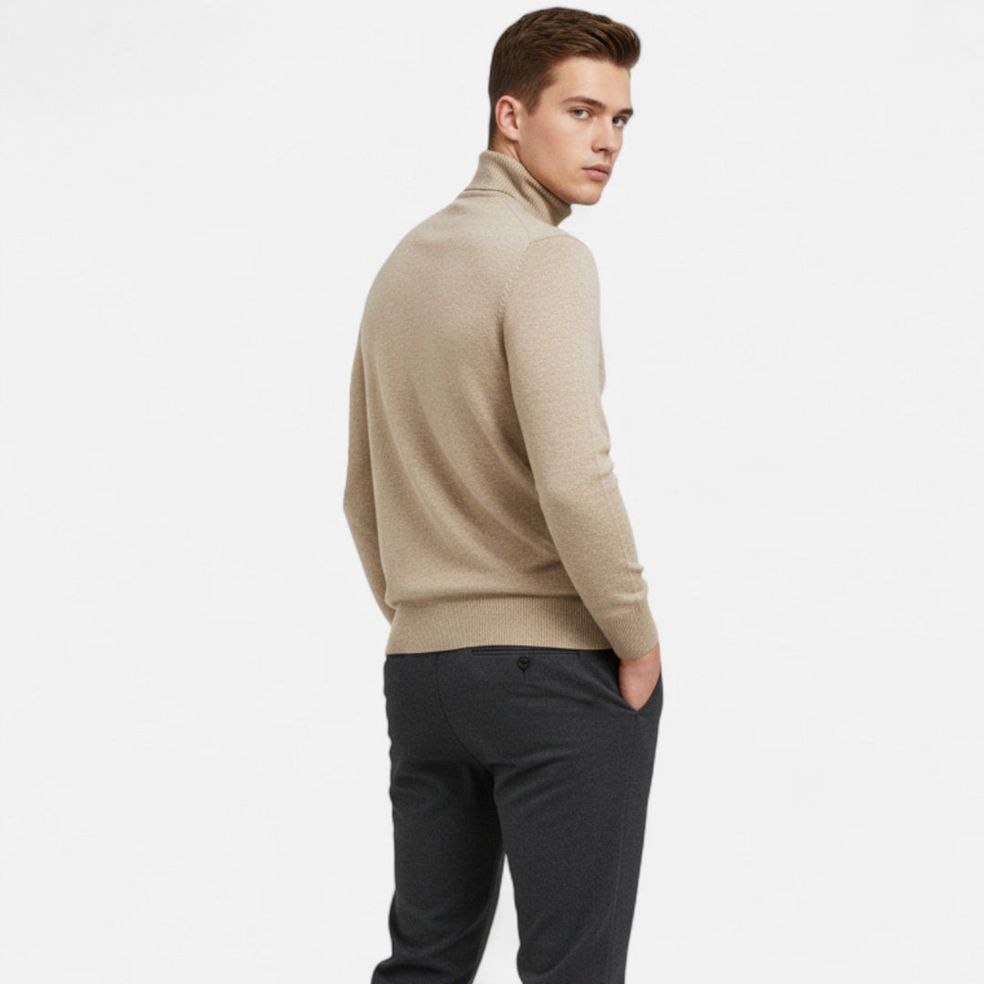 Effortless men's high-neck sweater for versatile winter fashion, blending casual comfort with elegant sophistication.
