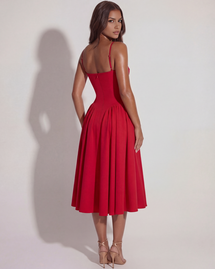 Versatile elegant women's summer midi dress, sweetheart neckline, for parties, vacation & date night.