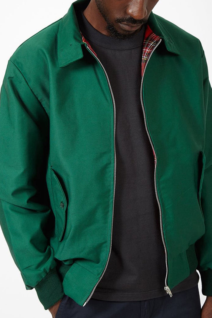 Back view of a men's classic plaid bomber jacket, ideal for spring & fall layering.