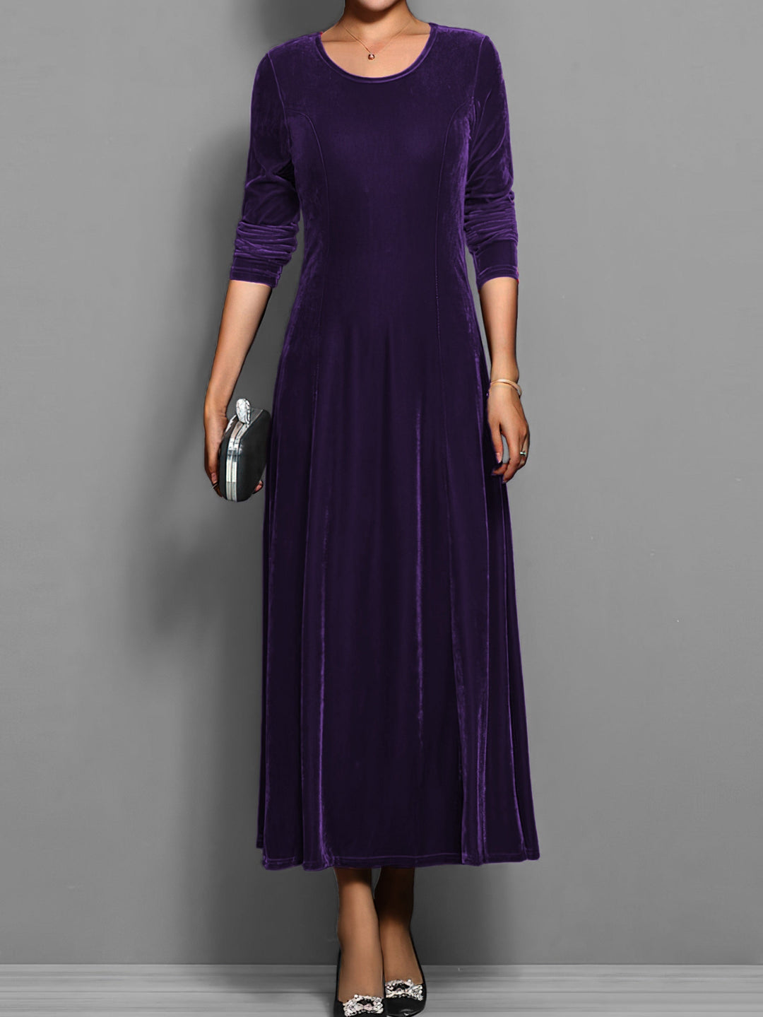 Fall fashion women's full-length maxi dress, long sleeve with a flattering flared skirt & round neckline.