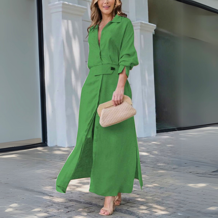 Timeless women's flowing maxi dress with V-neck for summer comfort. Elegant and versatile for any event.