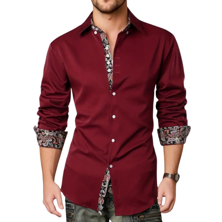 Versatile men's tailored shirt, long sleeve, with a chic printed trim; ideal for smart casual fashion.